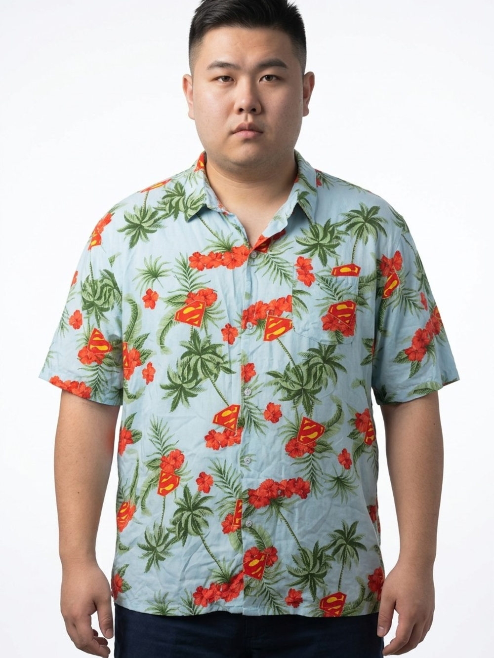 DC Comics Light Blue Hawaiian Shirt with Red & Green Tropical Print